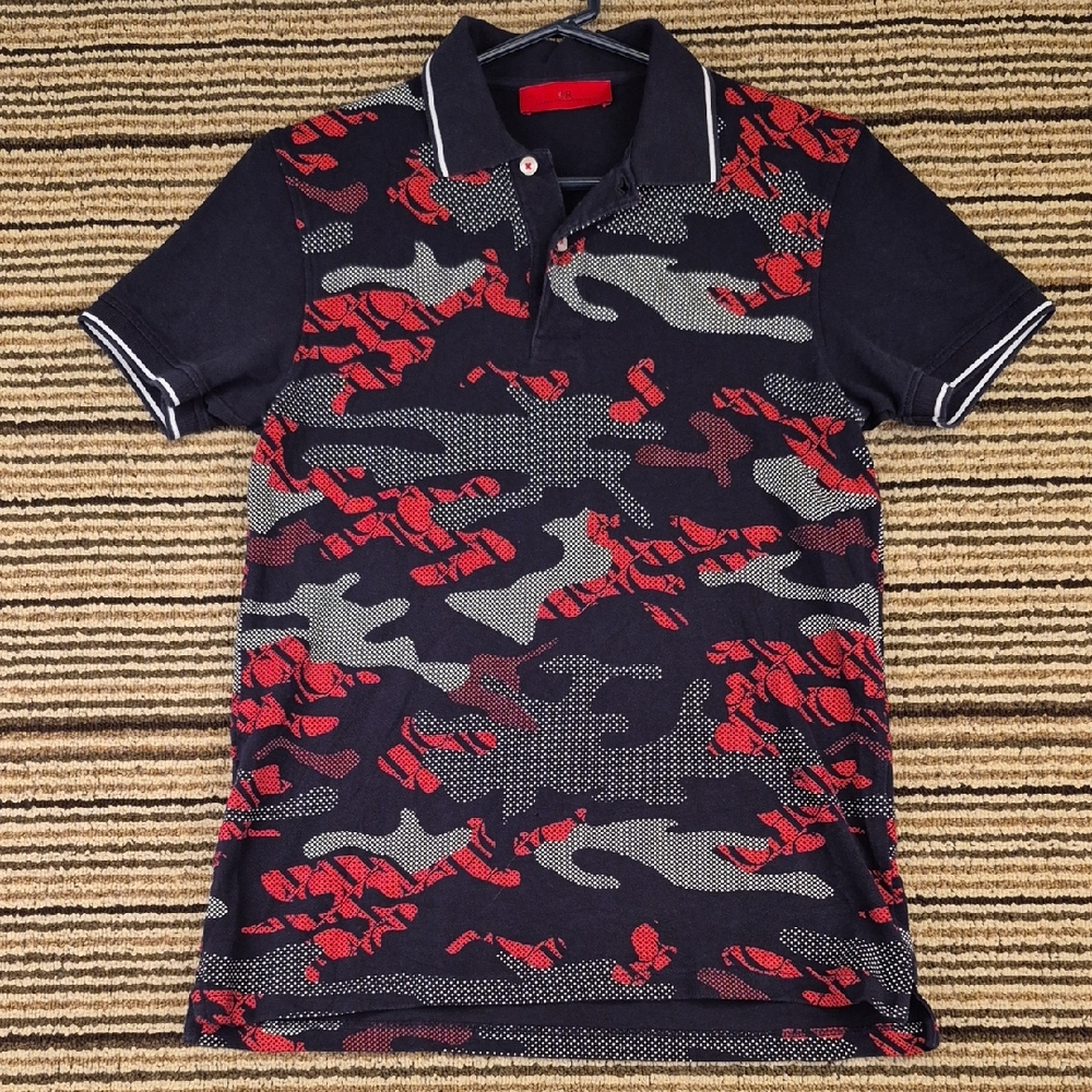 CAROLINA HERRERA‎ Black Red Grey Abstract Camo Small Mens Designer Polo Shirt